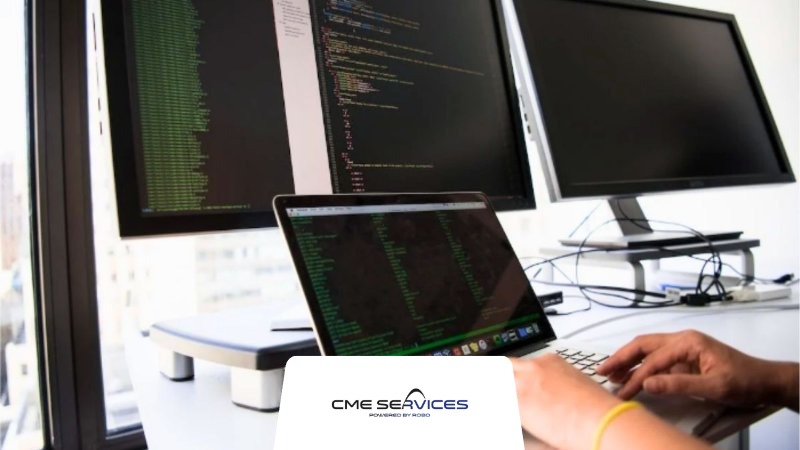 An employee working on network security protection at a desk.